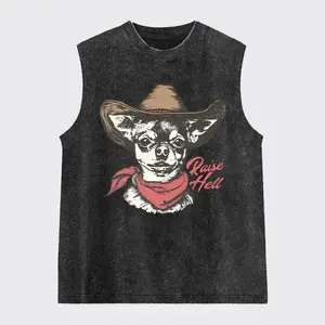 Chihuahua Cowboy Raise Hell Washed Tank Top, Gym Essential, Vintage Casual Crewneck Sleeveless Menswear T-shirts Classic Cotton Fabric Streetwear