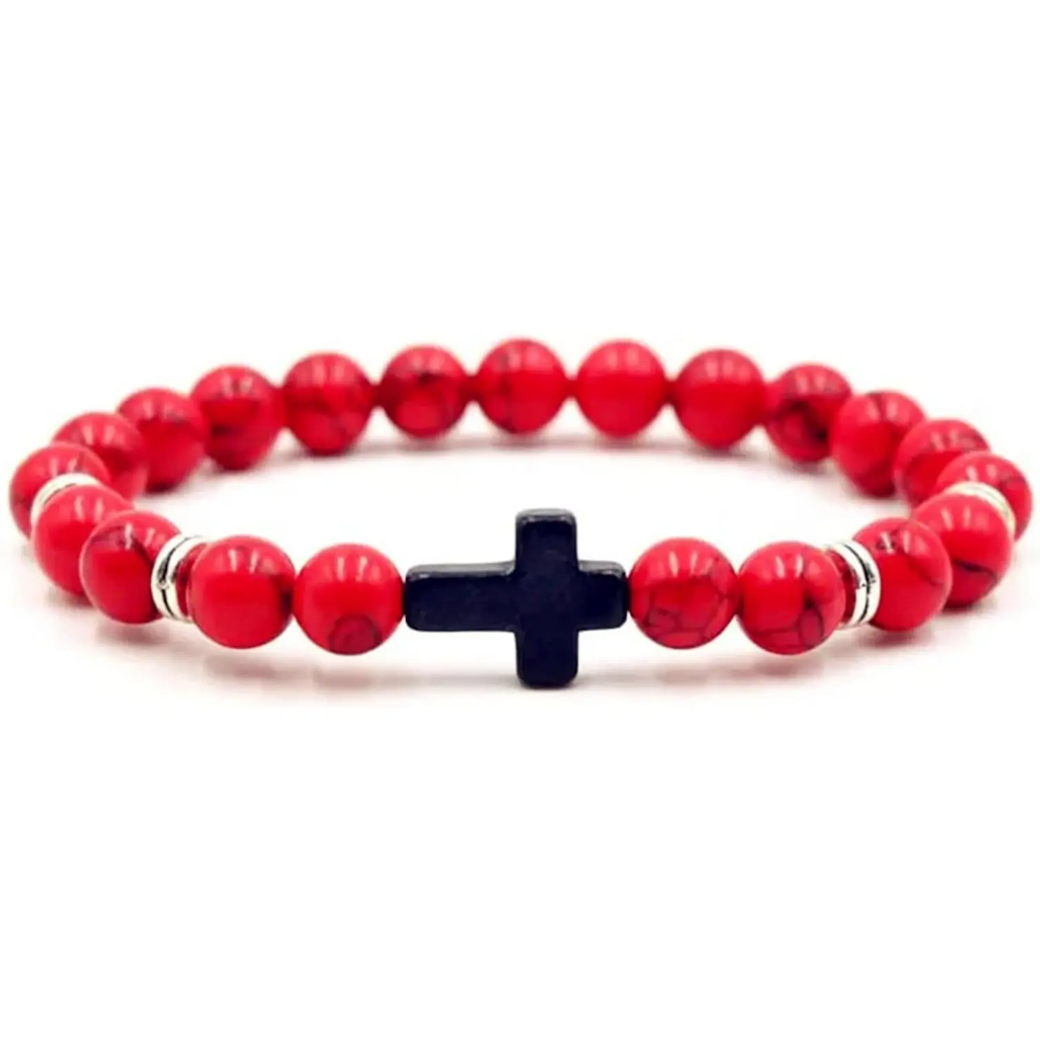 Lava Volcanic Stone Beaded Turquoise Cross Stretch Bracelet 8MM Natural Stone Healing Cross Religious Christian Prayer Elastic Bracelets for Women Men Good Luck Protection Amulet Jewelry Gifts