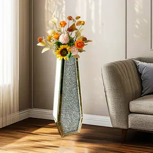 Luxury Crushed Diamond Mirrored Floor Flower Vase Silver Glass Vase for Flowers