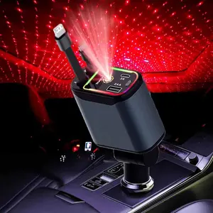 2026 Upgraded 4 in 1 Car Charger, 66WRetractable Car Charger Fast Charging with Star Projector NightLight, LED Decorative Ceiling Light, USB Universal Car Adapter Compatible with iPhone Samsung