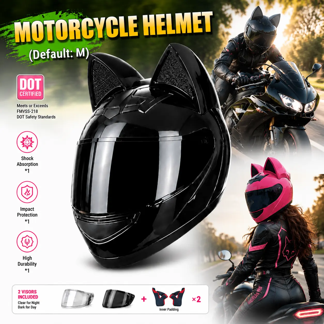 LeLW DOT Certified Full Face Motorcycle Helmet with Cat Ear Design – Unisex Safety Helmet for Motorcycle, Scooter & E-Bike Riders, Dual Visor, Removable Washable Liner, Bluetooth Ready, Adjustable Fit System, Includes S/L Fit Pads & Helmet Bag
