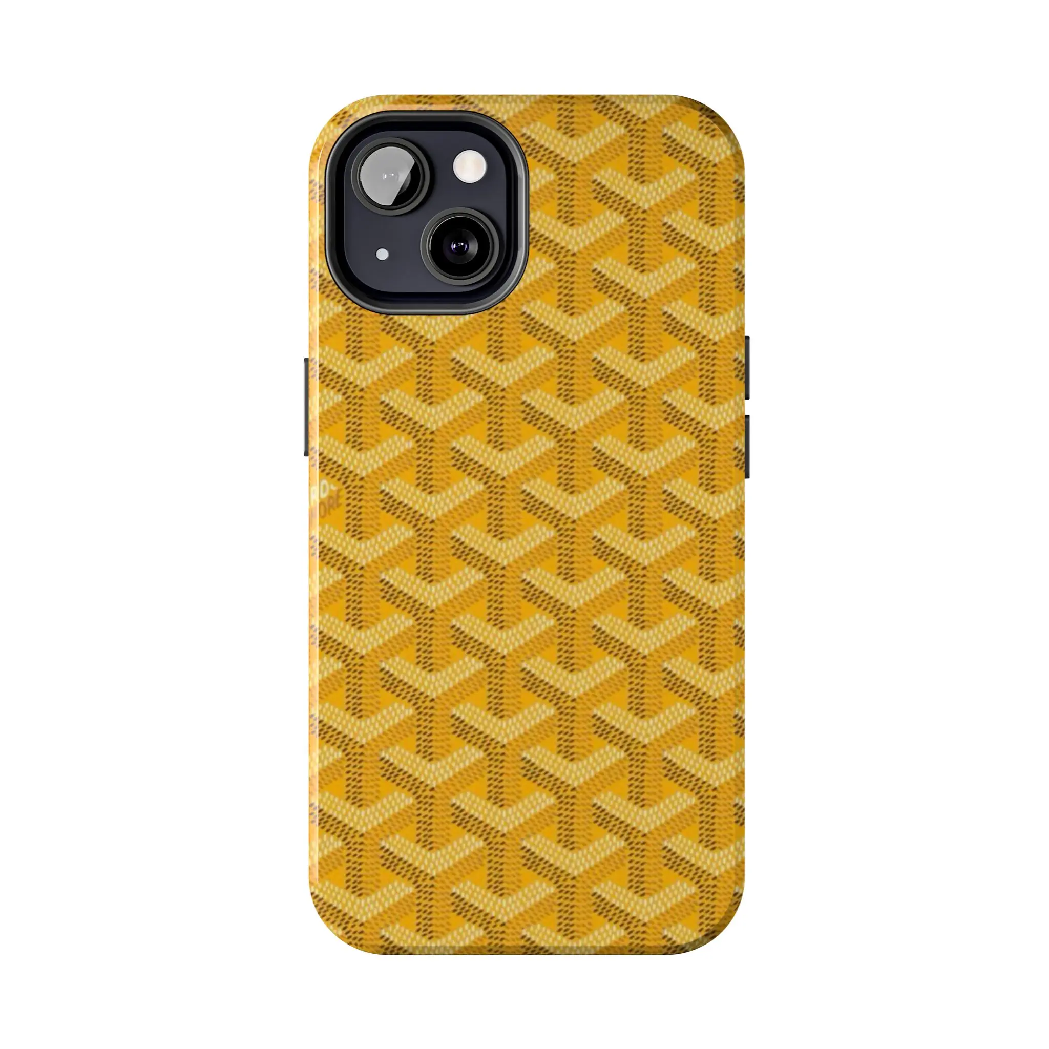 Luxury Monogram Pattern iPhone Case - Yellow Designer-Inspired Slim Protective Cover, Glossy Shockproof Hard Shell, Minimalist Fashion Accessory