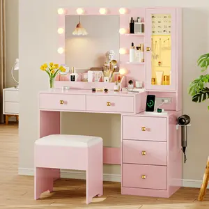 Makeup Vanity Table with LED Lighted Mirror, 5 Storage Drawers Vanity Desk, Built-in Power Outlet & Chair, RGB Ambient Light Dressing Table for Girls Bedroom