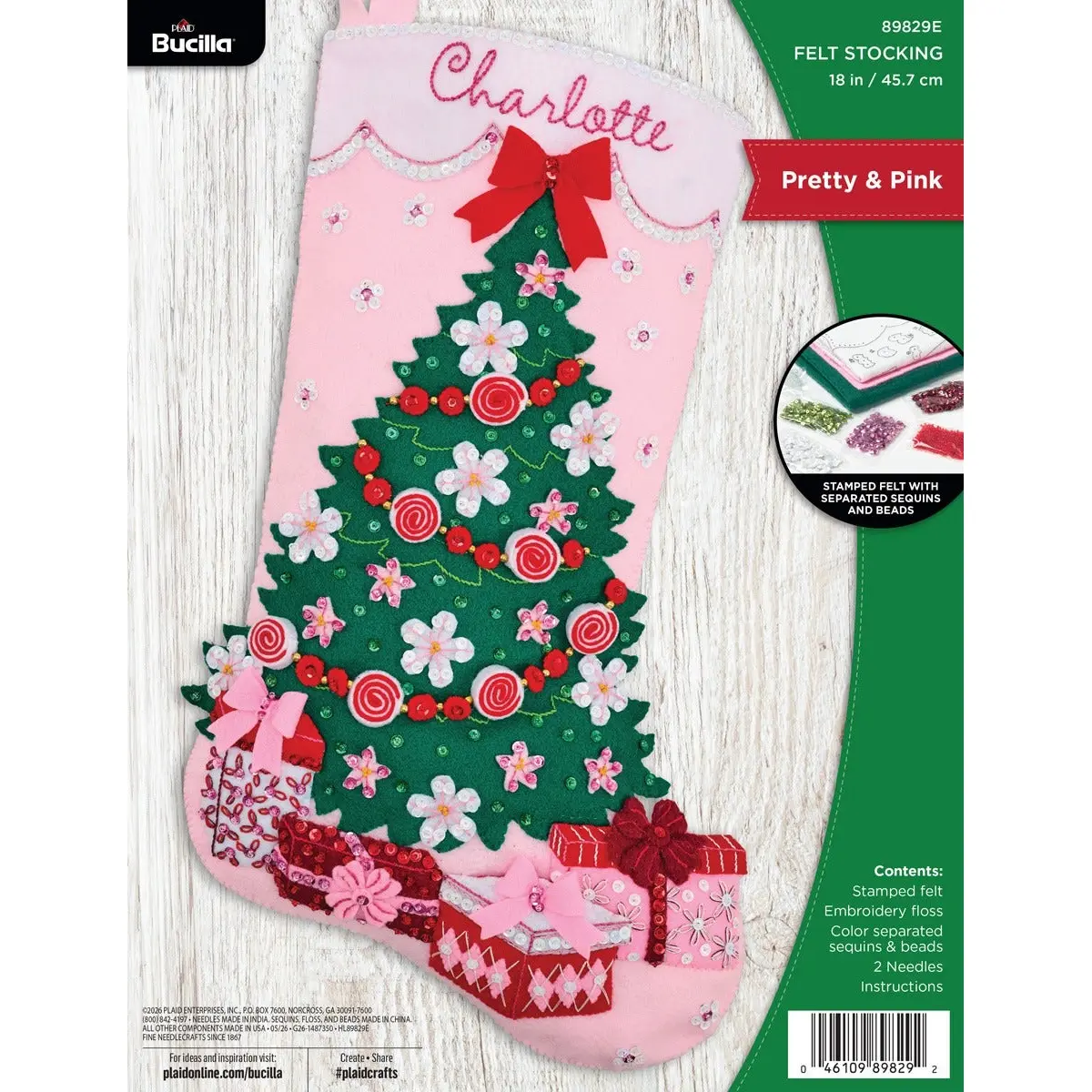 Bucilla Embroidered Pretty & Pink Christmas Stocking Felt Kit, Seasonal Decor Ornaments for Tree - 89829E