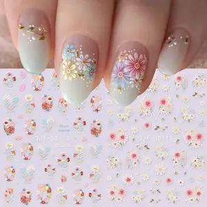 2 Pcs Embossed Floral Nail Art Stickers, Spring Summer Daisy Blush Gradient Flower Design Nail Decals, DIY Wedding Daily Nail Decorations