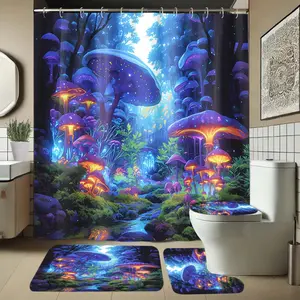 Mushroom Pattern Bathroom Set, Includes Soft Shower Curtain, Mat, Toilet Seat Cover, Elegant Decor, 1/4 Piece Bath Ensemble