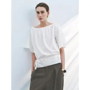 URBAN REVIVO 2026 Spring Women's Off-the-Shoulder Linen-Lyocell Blend Fabric Shirts, Thin Flared Sleeves, Drawstring Waist, Comfortable Overhead Fit Casual Top, Elegant Women's Clothes, ULG250006