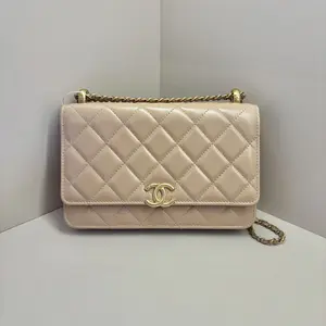 Pre-owned CHANEL Double Golden Ball WOC Wallet On Chain, Beige Nude Lambskin, Antique Gold hk A139