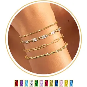 Sanfenly Gold Birthstone Bracelets for Women 14K Gold Plated Waterproof Non Tarnish Dainty Stackable Bracelet Emerald Green Friendship Jewelry Gift for Mom