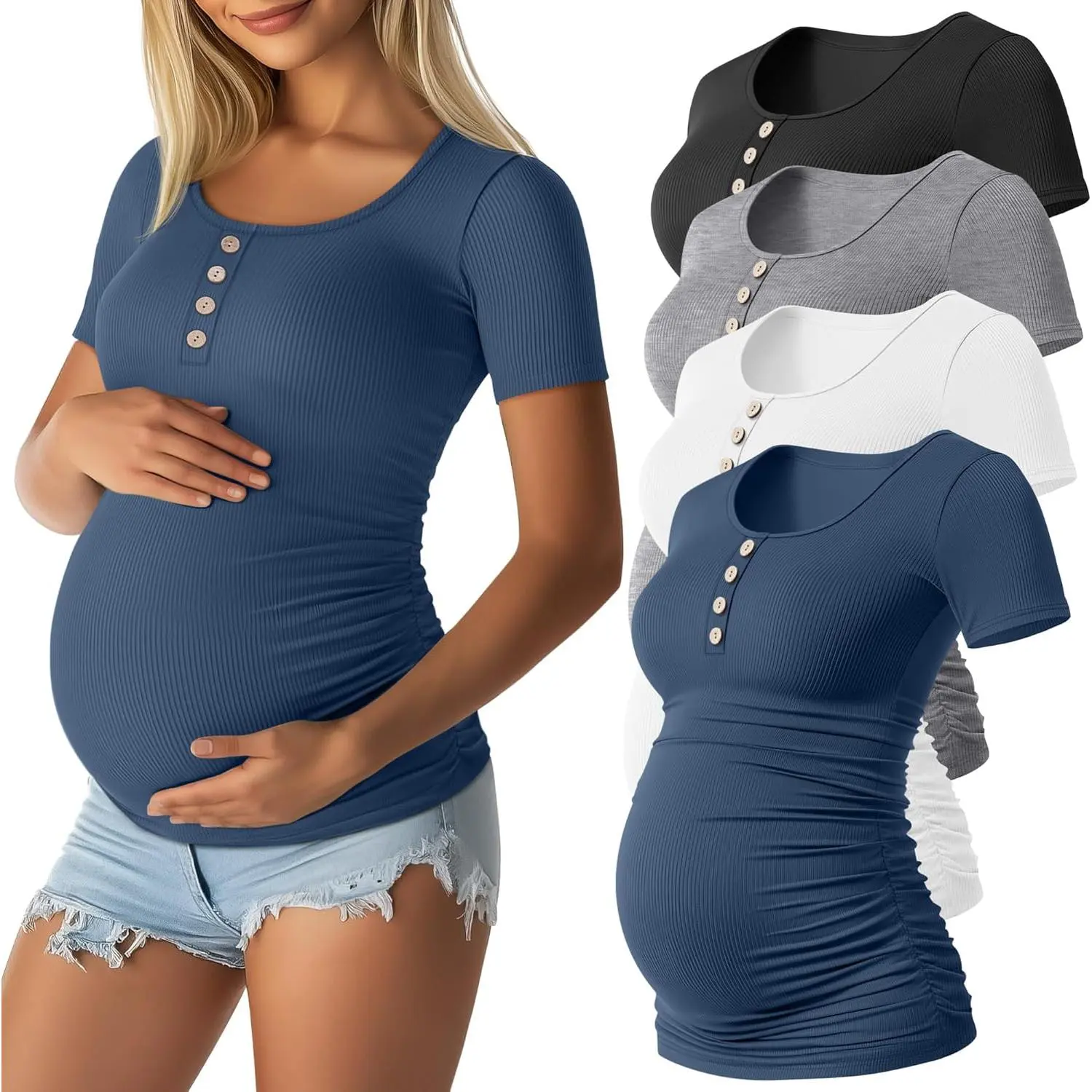 4 Pack Women's Maternity Shirts Scoop Neck Cotton Short Sleeve Ribbed Pregnancy Top Henley Side Ruched Mama Clothes