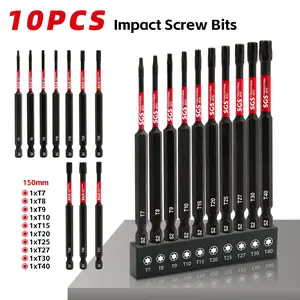 10 Pcs Impact and Wear-Resistant, Non-Slip Magnetic Torx Screwdriver Bits Set, 100mm（T7 T8 T9 T10 T15 T20 T25 T27 T30 T40) with Black Base, Universal 1/4” Shank S2 Steel for Handcrafting, Forestry Woodworking, Office and DIY Use