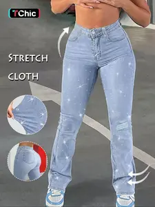 GILIPUR Y2K Women's Plain Ripped Flare Leg Jeans, Bootcut Jeans, Fashion Casual High Waist Pocket Button Bell Bottom Pants for Daily Outdoor Wear Ladies Bottoms for All Seasons, rhinestone embellishments, ripped jeans, women, Casual Denim Trousers