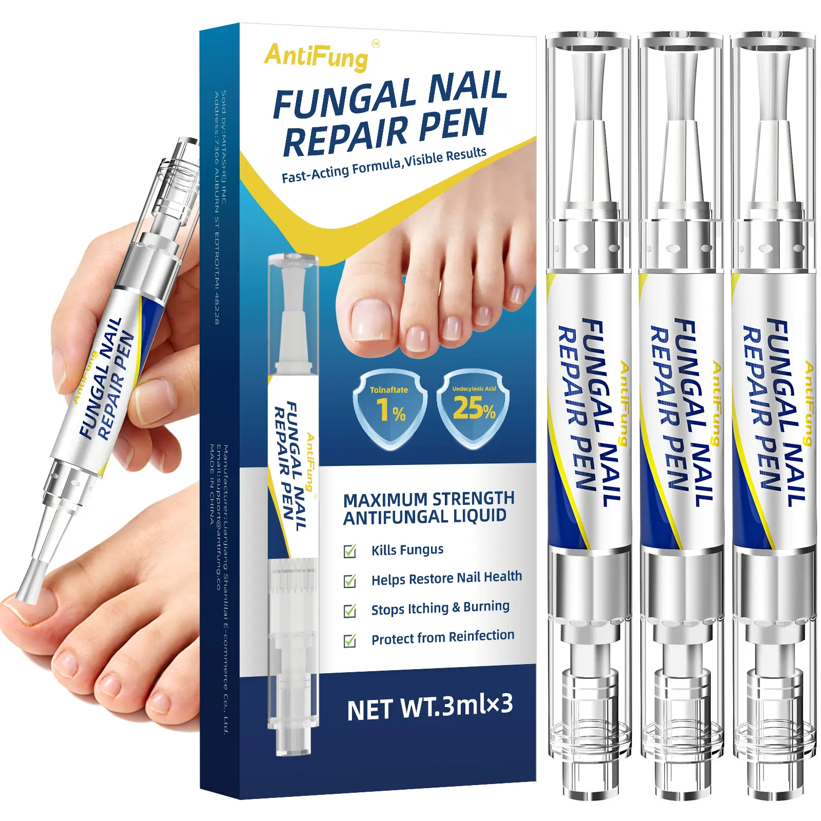 Toenail Fungus Treatment Extra Strength - AntiFung Toenail Fungus Treatment Pen with 25% Undecylenic Acid & Terbinafine, Ideal for Nail Repair for Damaged Nails Toenail Fungus 3ml/0.1FLOZ 3Pcs