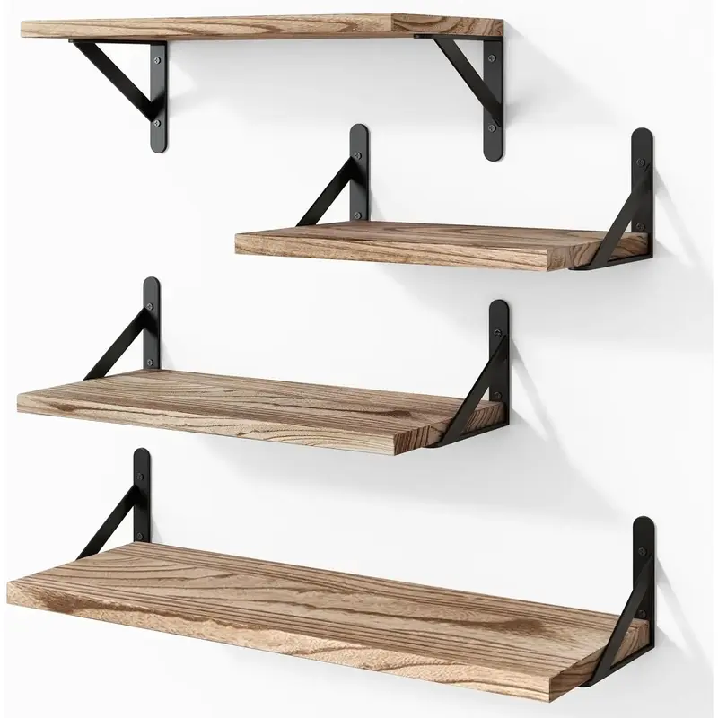 HAUSPET Set of 4 Rustic Wood Floating Shelves, Wall-Mounted Decorative Shelves with 40 lb/18kg Capacity - Room Accessories for Bedroom, Living Room Decor & Wall-Mounted Storage Solutions