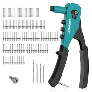 Libraton Rivet Gun Kit, Pop Rivet Gun, Heavy Duty Rivet Tool, Professional Hand Riveter, Manual Riveting Tool with 120 Blind Rivets, 4 HSS Drill Bits, 4 Tool-free Interchangeable Heads