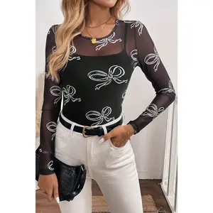Black Round Neck Bow Print Long Sleeve Mesh Top - Slim-Fitting Casual Gothic Style for Autumn