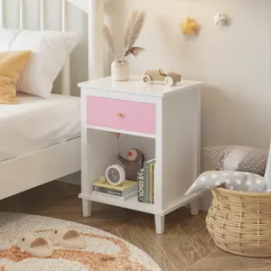 26.77''H Wooden Nightstand Bedside Table, Side Table with One Drawer One Storage Shelf, Adults, Pink and White