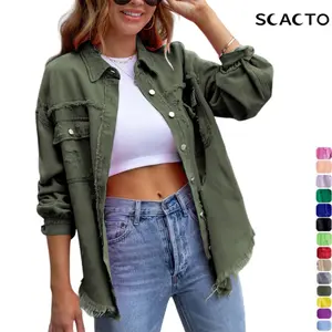 Scacto Jean Jackets for Women Ripped Fringe Denim Jean Jacket Casual Long Sleeve Pockets Jackets Coat Fabric Fashion Womenswear Soft