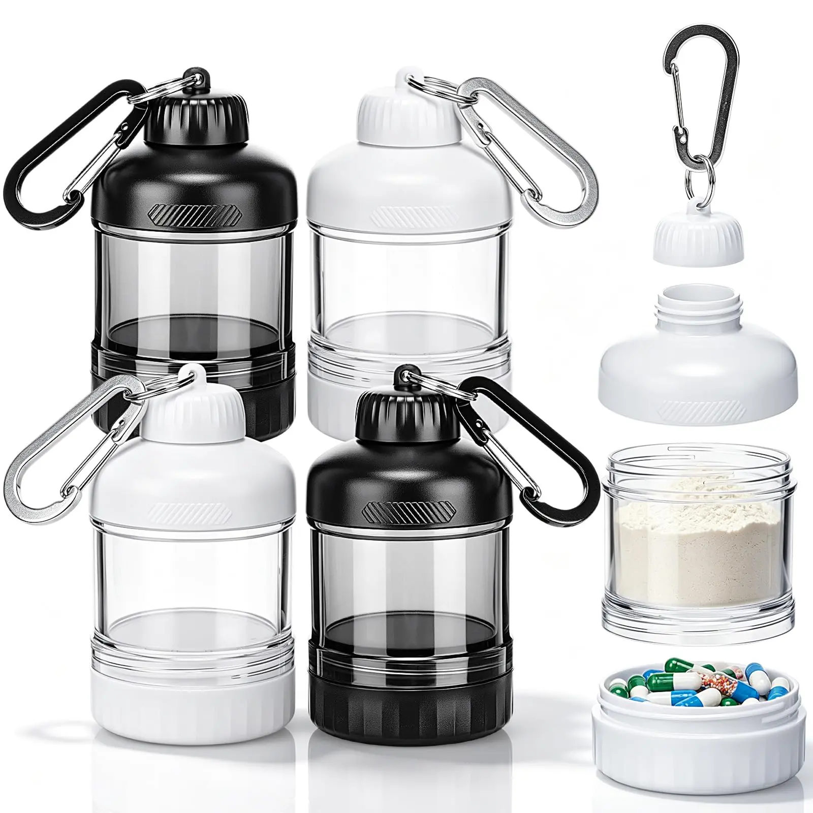 4 Pack Protein Powder Container to Go with Keychain & Keyring, Large Capacity, Clear, Leakproof, Ideal for workouts, fitness, or travel Aluminium Bottle