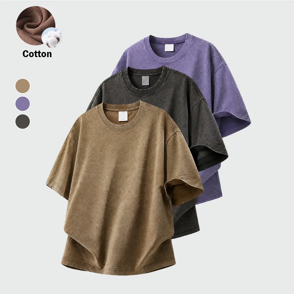 3pcs-Men's 300g Cotton Vintage Washed T-Shirts Oversized Unisex Short Sleeves Casual Loose Wash Solid Basic Tee Tops，Brown ,Black，Purple Crewneck Build Your Tee Baggy