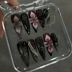 Gothic Floral Press On Nails, Black Burgundy Nails 3D Flowers, Dark Romantic Handmade