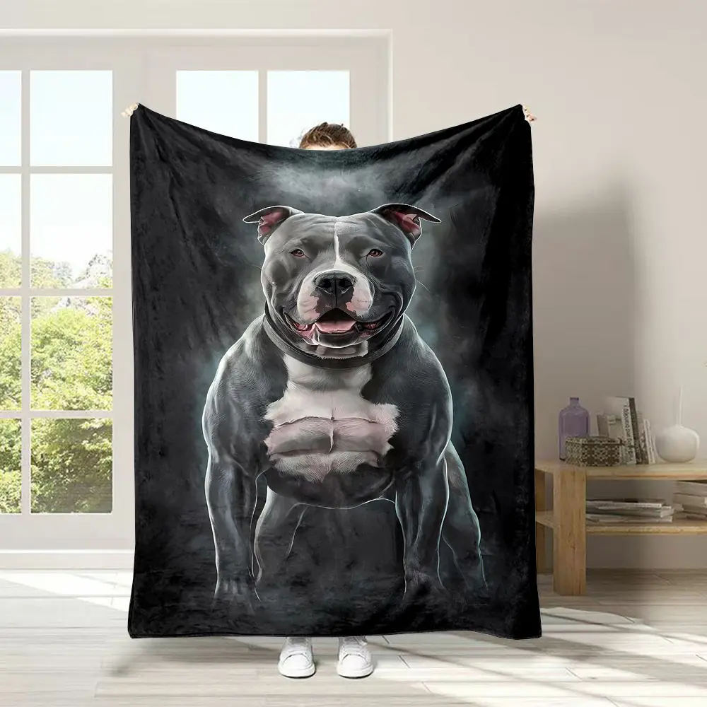 3D Black Muscle Pitbull Animal Theme Flannel Throw Blanket - Digital Print, Soft High-Quality Durable Polyester, Non-Pilling, Shed-Free, Modern Contemporary Style, Reversible, All-Seasons Warm Indoor Gift For Family