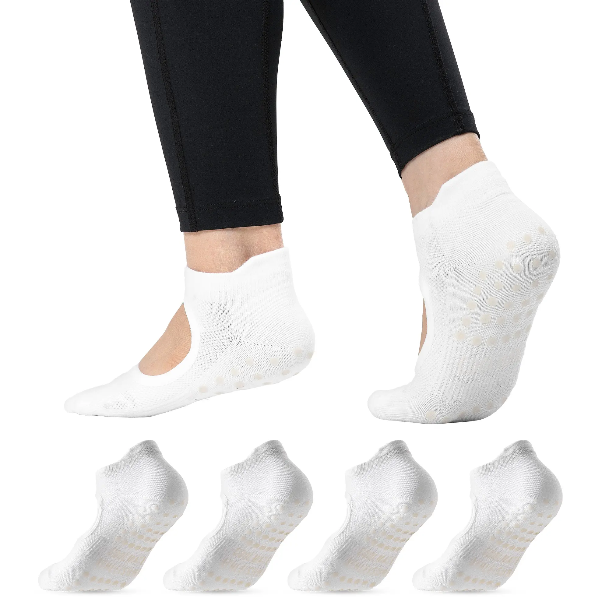 CoolMate 2 Pairs Pilates Socks with Grips for Women, Yoga Socks, Crew Non Slip Women for Barre, Pilates Gifts (US, Numeric, 6, 10, Regular, Regular, A-03. 2 Pairs Open Top White)