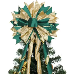 Green  Christmas Tree Topper, 40x13 Inches Toppers Bow with Glitter Satin Mesh Streamer and Patterned Ribbon, Christmas Tree Topper Bow for Christmas  Decoration