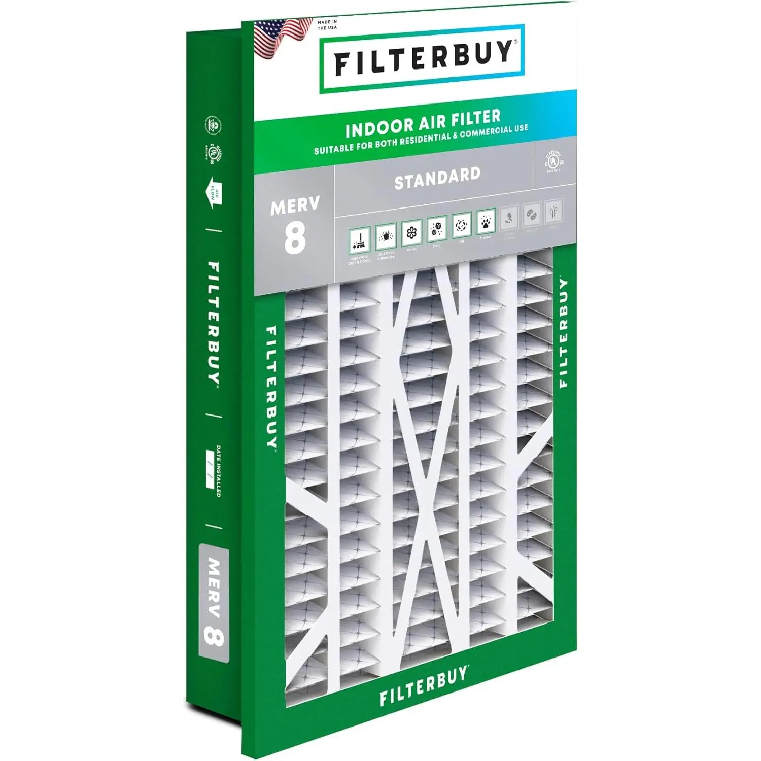Filterbuy 20x30x5 Rectangular Pleated Shape Air Filter (1-Pack) - MERV 8 Rating, Synthetic Mesh, Electrostatic Filtration, Eco-Friendly, Cordless (Feature Not Applicable to Air Filters) for Honeywell HVAC AC Furnace Return Grille Dust Defense