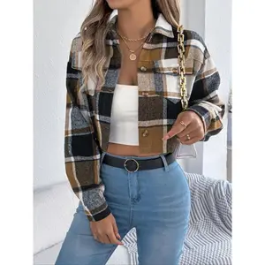 Women's Plaid Print Button Front Drop Shoulder Crop Jacket, Casual Long Sleeve Pocket? Collared Outerwear for Fall & Winter, Ladies Clothes for Daily Wear