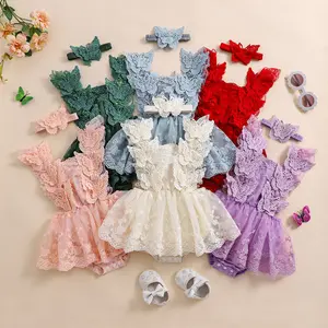 Newborn Baby Girl Romper Dress Infant Sleeveless Lace Floral Butterfly Embroidery Tulle Tutu Skirt Hem Bodysuit Summer Outfits with Headband