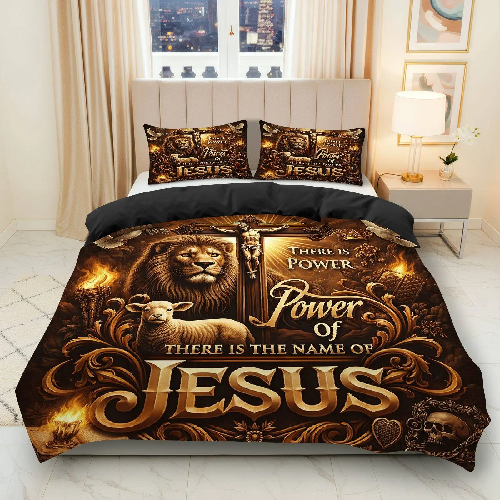 3PCS Duvet Cover Set, Decorative Duvet Cover, 1 Duvet+2 Pillowcases(Without filler), Lion Sheep Christian Religious Inspirational theme, Christmas bedding set, Biblical Faith Suitable for decoration home rooms, Bed Sets
