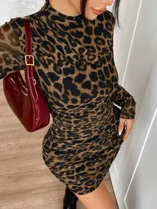 Women's Leopard Print Mesh Ruched Long Sleeve Mini Dress, Elegant Summer Fashion, All-Season Wear, Perfect for Casual