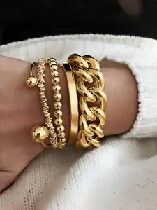 5pcs Vintage Bracelet Set, Chunky Alloy Chain Cuffs, Casual Geometric Design, All-Season Accessory, No Choking Hazard