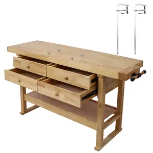 60" Solid Rubberwood Workbench Hand Tool Kit with 4 Drawers, 2x24"x4.75" Bar Clamps, Clamping Force, Easy Setup, Large Work Surface, Swiveling Jaw, Jewelry Making, 1400 Lbs Clamping Force