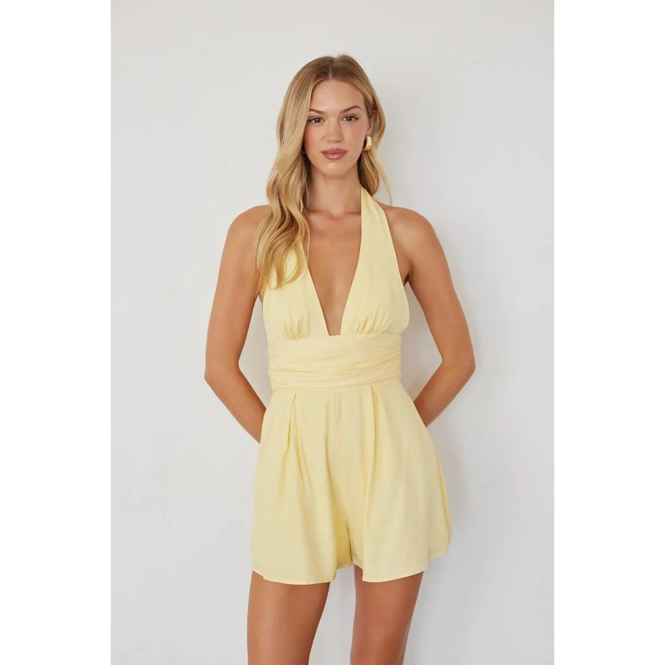 Women's Fitted Halter Romper with Ruched Bodice, Sleeveless Deep V-Neck and Open Back with Bow Tie, Polyester