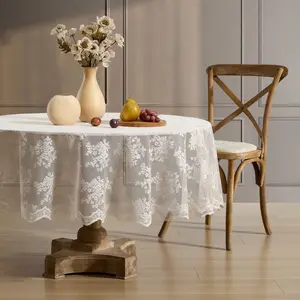 HLC.ME Jolene Floral Lace Fabric Round Tablecloth Premium Lace Fabric Cottagecore Floral Pattern Wrinkle-Free Classic Design Ideal for Family Dinners & Formal Events