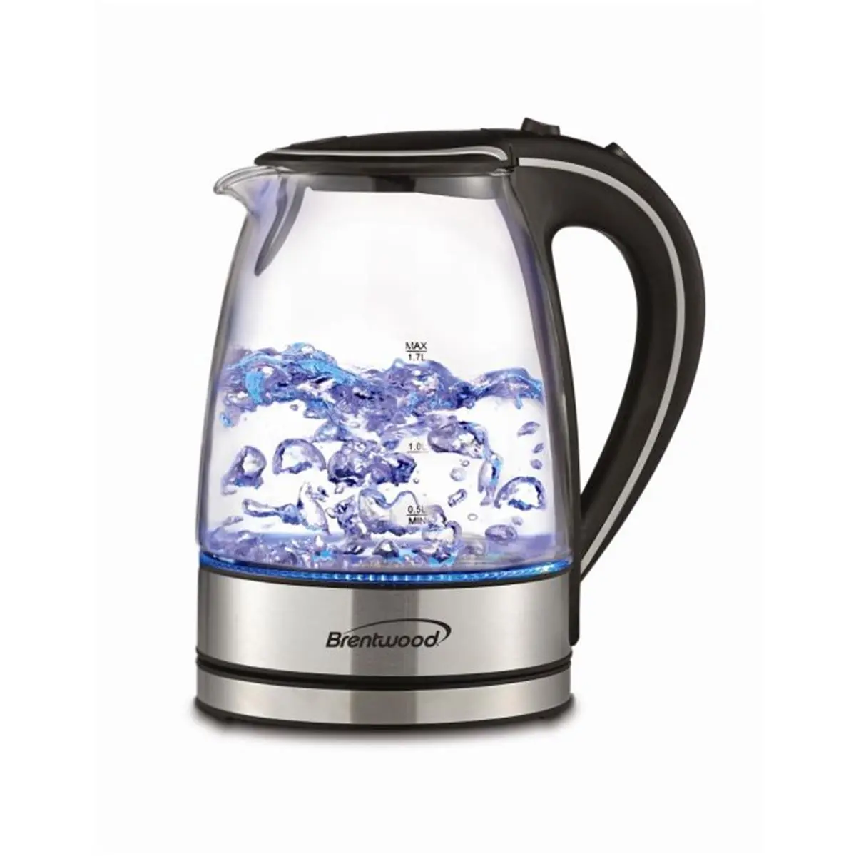 Brentwood KT1900BK 1.7L Tempered Glass Tea Kettle - Black, 1100W, Blue LED Light, Attached Filter, Cold Touch, Auto Shutoff, Pull-Up Lid, Concealed Heating Element, Detachable Power Base for Camping & Hiking Camp Kitchen