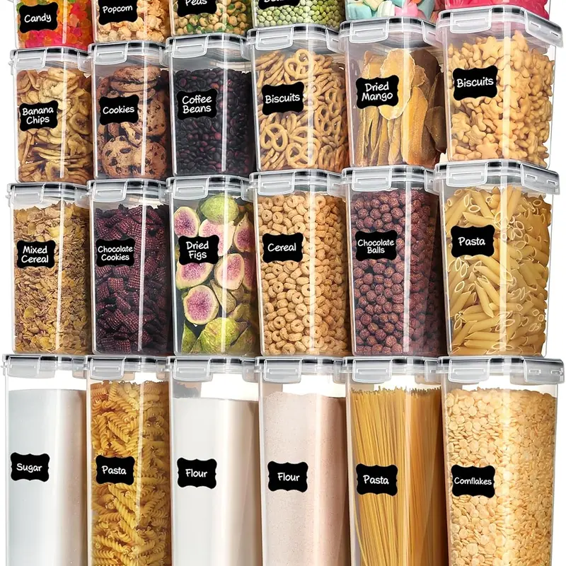 24-Piece Airtight Leak Proof Reusable Assorted Food Storage Container & Lid Set - BPA-Free Plastic, 4-8 Varied Capacity Stackable Pantry Canisters, 24 Black Labels, Dustproof Kitchen Gadgets for Household Cereal Container, Home Goods
