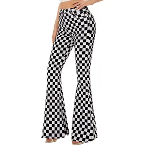 ODEFOU Women's High-Waisted Thick Bootcut Denim Jeans - Stretch Plaid Fabric Bottoms with Pockets, Button Closure, Hip-Flattering, Comfortable Fashion Design