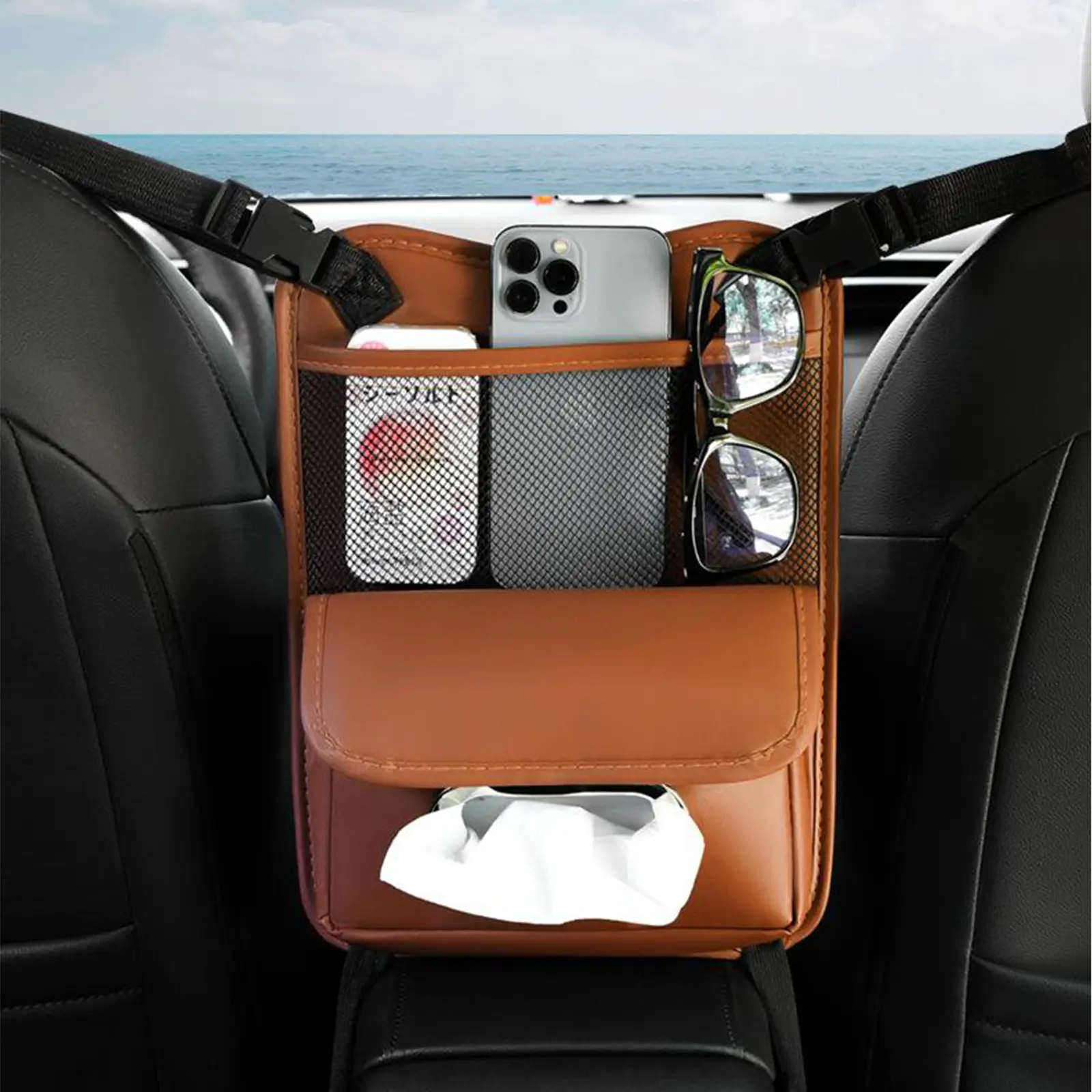 Leather Car Handbag Holder Between Seats, Large-Capacity Practical Automotive Interior Organizer for Cars - Document, Phone Storage & Console Tidying