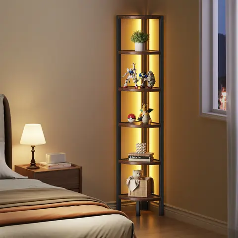 Flycity 6-layer 67.7"semi-circular wall-mounted corner shelf with light strips, corner bookshelf with LED lights, Corner Ladder Shelves with Metal Frame, Multipurpose Tall Corner Bookshelf Bedroom, Living Room, Office, Kitchen, Rustic Brown