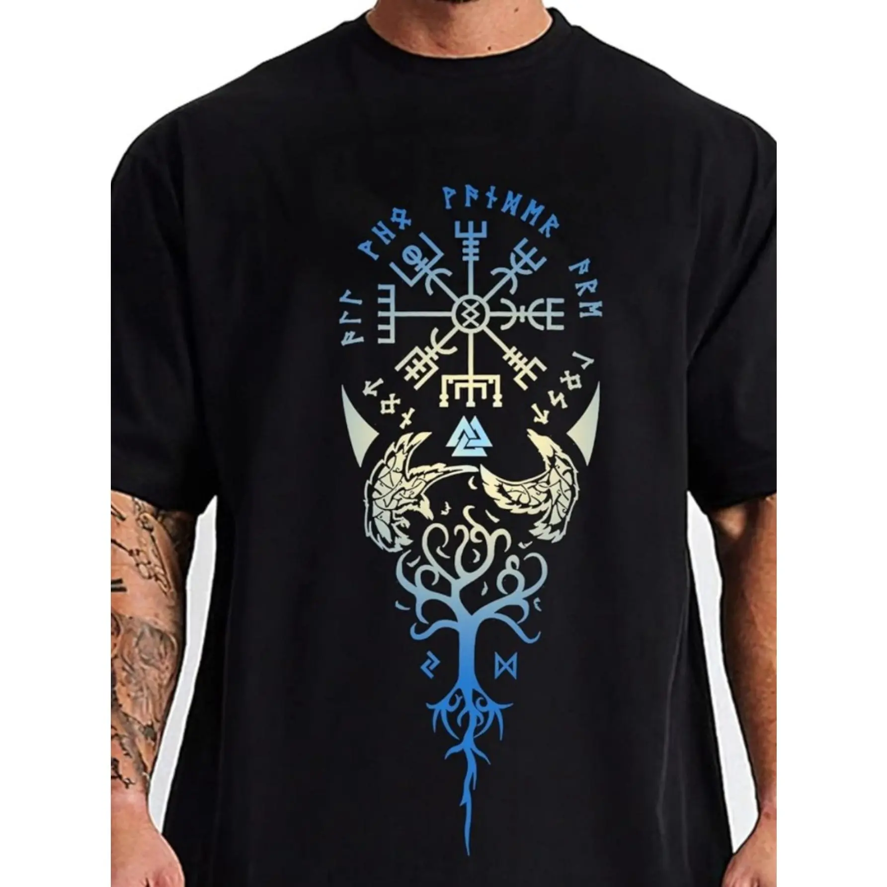 Men'S Viking Norse Runes & Yggdrasil Tree of Life T-Shirt - Viking Mythology Graphic Tee with Rune Symbols, Breathable Fabric, Slight Stretch, Regular Fit All-Season Casual Shirt for Norse Fantasy Fans & Viking Conventions - Viking Warrior Apparel