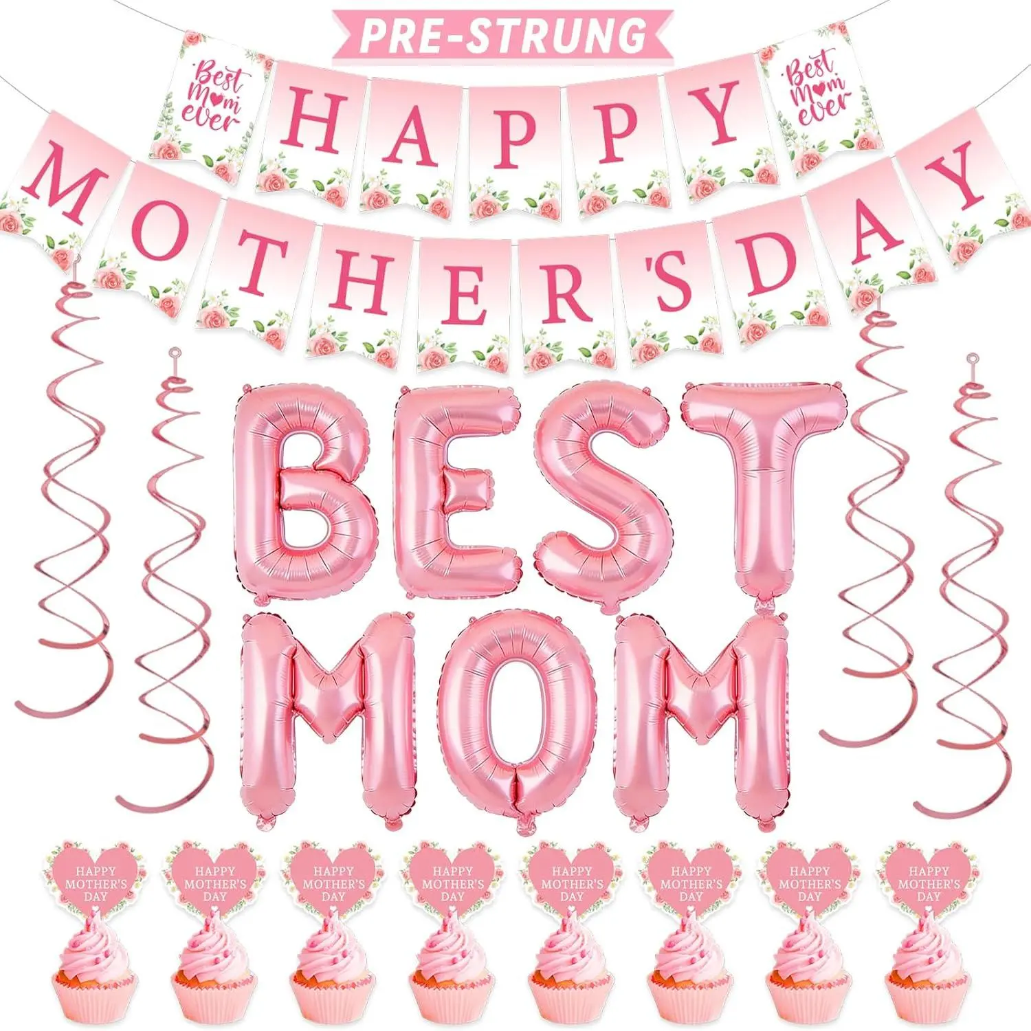 Happy Mother's Day Decorations, Happy Mothers Day Banner With Best Mom Balloons, Hanging Swirls, Happy Mothers Day Cake Topper Decor for Women Decoration