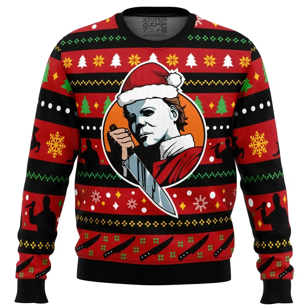 Michael Myers Santa Hat Ugly Christmas Sweater Halloween Horror Killer Knife Xmas 3D Print Pullover Mens Womens Oversized Warm Winter Fall Casual Streetwear Gift