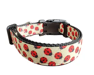 Yellow Ladybugs Black Nylon Dog Collar MD, LG, XL, Leash
