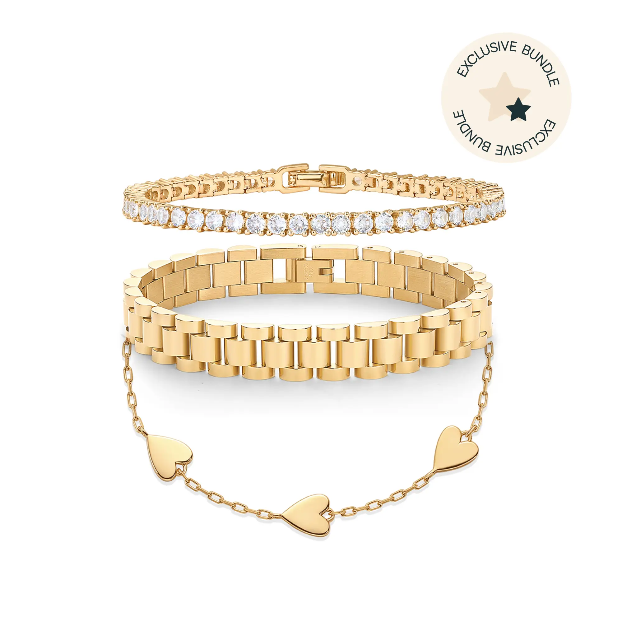 PAVOI 14K Yellow Gold Plated Bracelet Set for Women - Classic Tennis Bracelet, Heart Chain Bracelet & Chunky Bangle Bracelet Pack - TikTok Set
