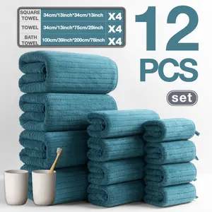 12-Piece Bath Towel Set, Includes Extra-Large 100x200cm Towels, Face Cloths, Soap Bars, High-Quality Striped Design, Reusable