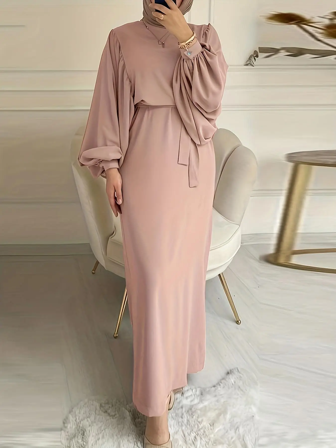 Women's Solid Belted Tie Front Lantern Sleeve Arabian Dress, Elegant Keyhole Neck Long Dress for Vacation Holiday Party, Ladies Islamic Clothing