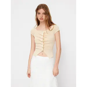 Cider Knit Square Neck Short Sleeve Split Ruched Top